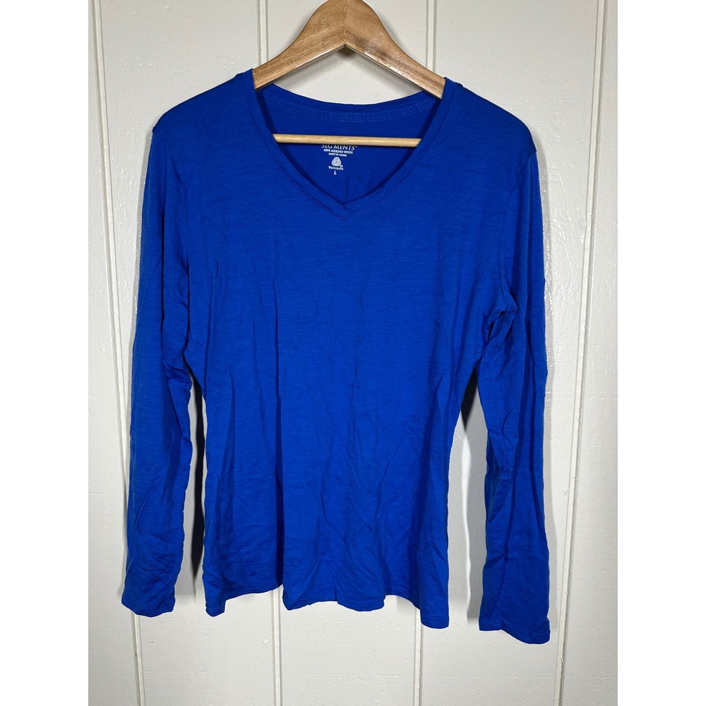SEG'MENTS Top Women L Blue 100% Merino Wool V-Neck Long Sleeve Tee Layering 7588